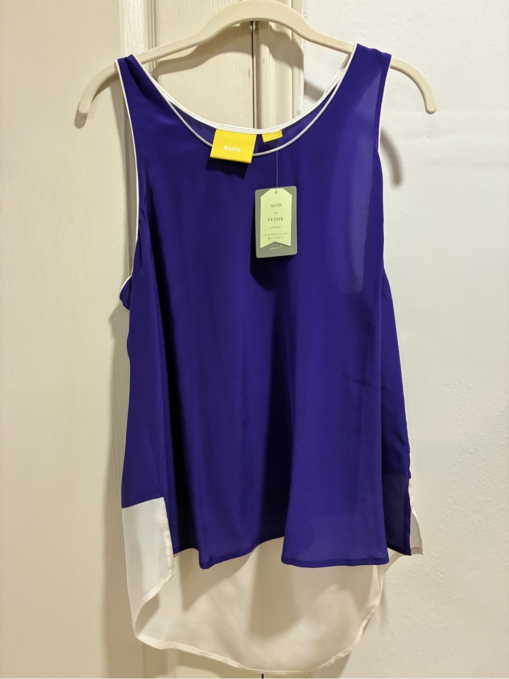 Maeve Sleeveless Colorblock Shell Top in Purple/Blue and White New Silk Size 10